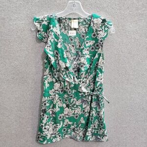Japna Women Top Medium Green White Floral Wrap Blouse Sleeveless Peplum